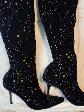 Black faux Suede Knee-High 2-1/2” Heeled Boots with Gold Stud Detailing